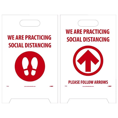 National Marker Double-Sided A-Frame Sign, We are Practicing Social Distancing, 19 x 12, White/Red (FS44)