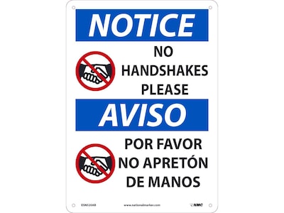 National Marker Wall Sign, Notice: No Handshakes Please, Aluminum, 14 x 10, White/Blue (ESN520AB)