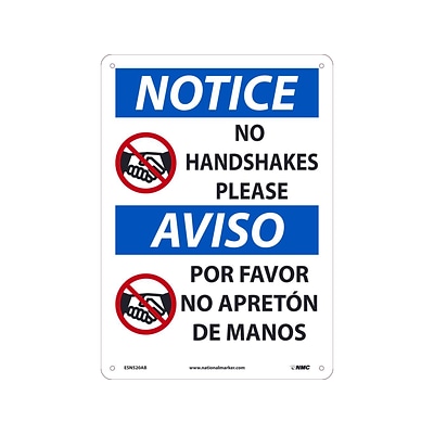 National Marker Wall Sign, Notice: No Handshakes Please, Aluminum, 14 x 10, White/Blue (ESN520AB)