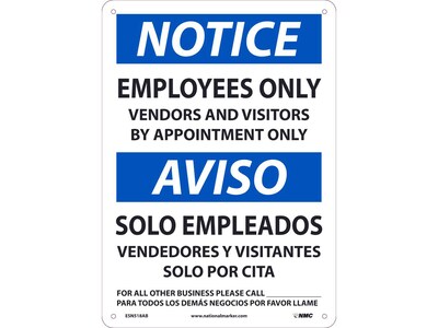 National Marker Wall Sign, "Notice: Employees Only," Aluminum, 14" x 10", White/Blue (ESN518AB)