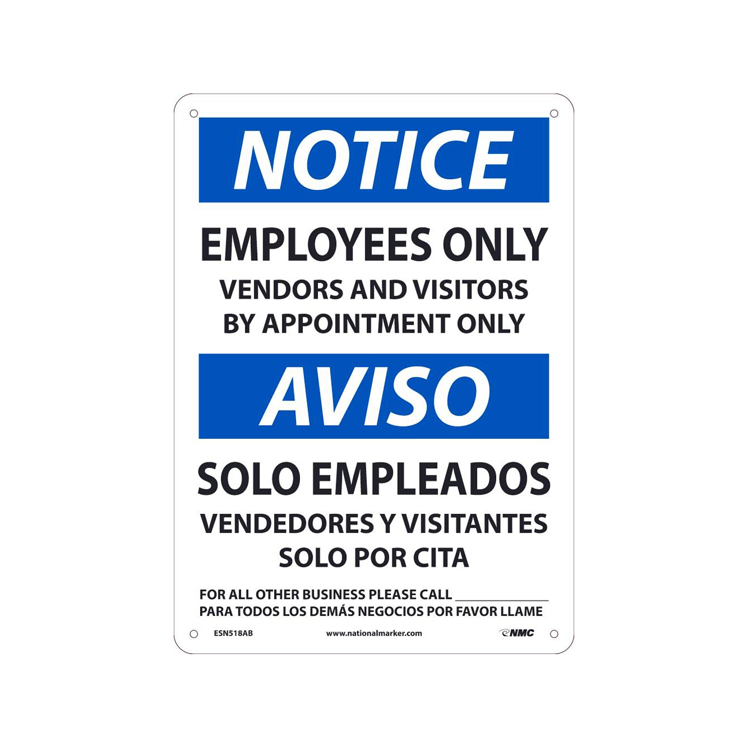 National Marker Wall Sign, Notice: Employees Only, Aluminum, 14 x 10, White/Blue (ESN518AB)