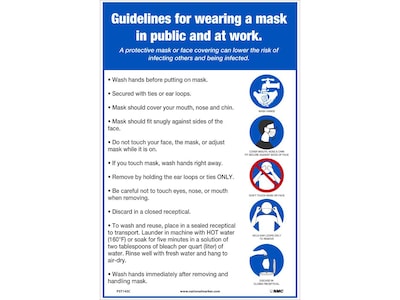 National Marker Vinyl Poster, Guidelines for wearing a mask in public and at work, 18 x 12, White/Blue (PST145C)