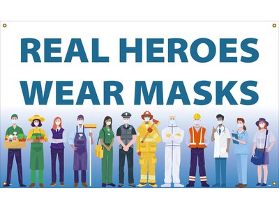 National Marker Vinyl Banner, Real Heroes Wear Masks, 36 x 60, Multicolor (BT564)