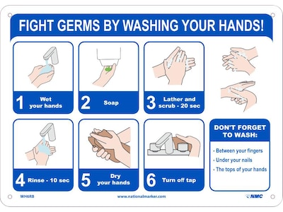 National Marker Wall Sign, "Fight Germs by Washing Your Hands!," Plastic, 10" x 14", Blue/White (WH6RB)