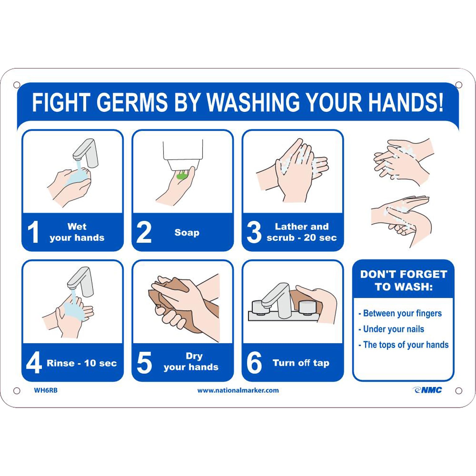 National Marker Wall Sign, Fight Germs by Washing Your Hands!, Plastic, 10 x 14, Blue/White (WH6RB)