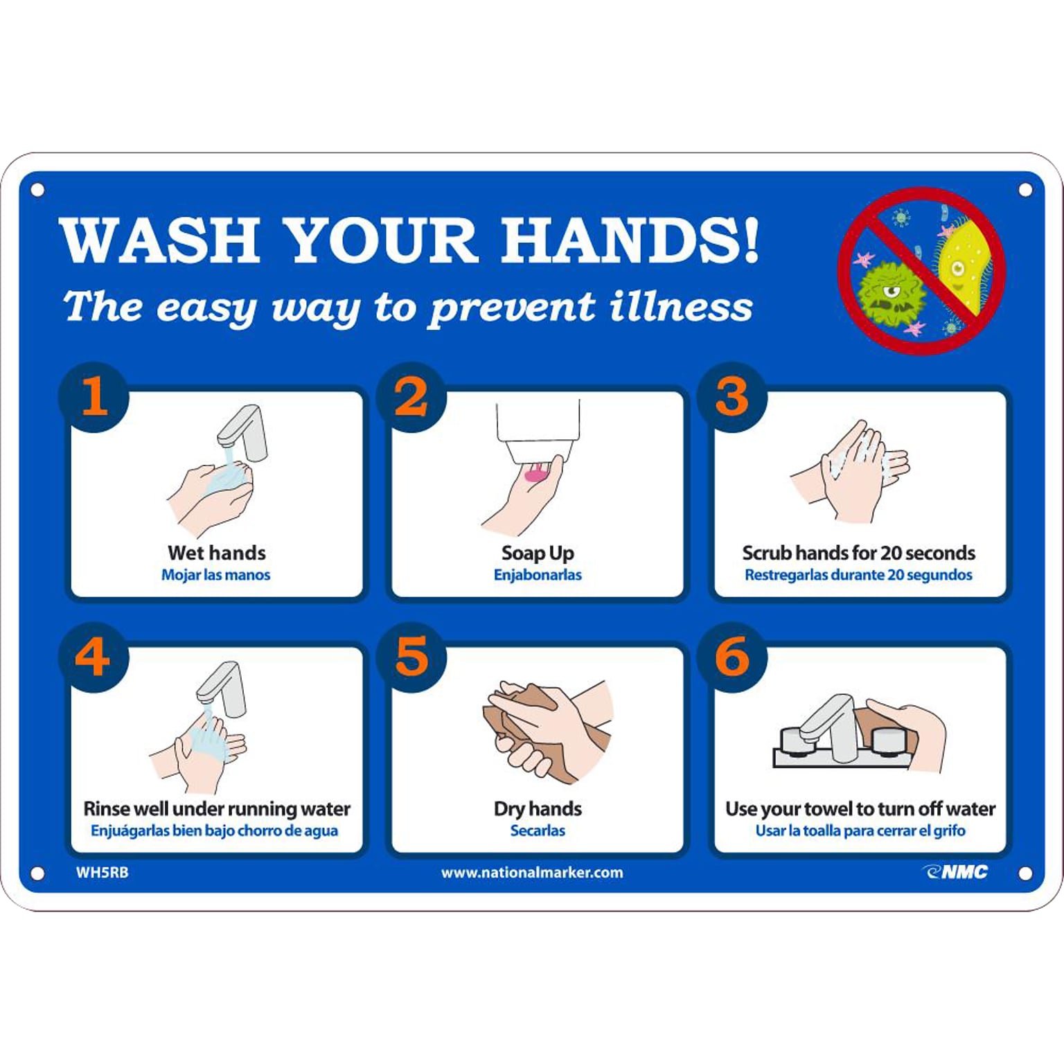 National Marker Wall Sign, Wash Your Hands!, Plastic, 10 x 14, Blue/White (WH5RB)