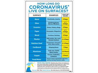 National Marker Vinyl Poster, How Long Do Coronavirus Live on Surfaces?, 18 x 12, White/Blue (PST153C)