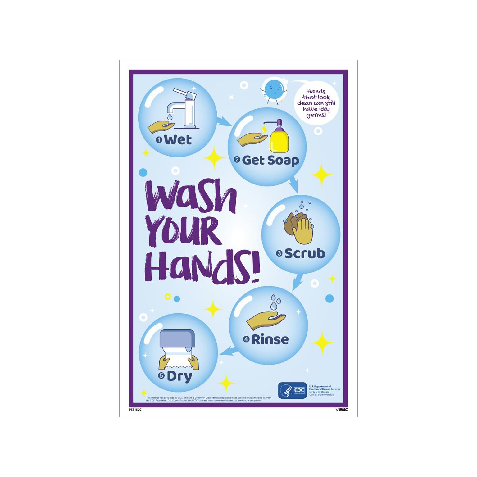 National Marker Vinyl Poster, Wash Your Hands!, 18 x 12, Blue (PST152C)