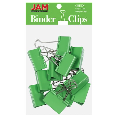 JAM Paper® Binder Clips, Large, 41mm, Green Binderclips, 12/pack (340BCgr)