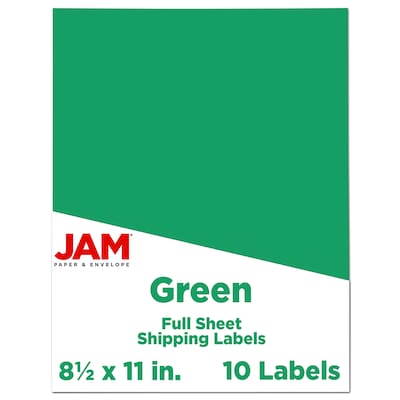 JAM Paper Shipping Labels, 8 1/2 x 11, Green, 1 Label/Sheet, 10 Sheets/Pack (337628607)