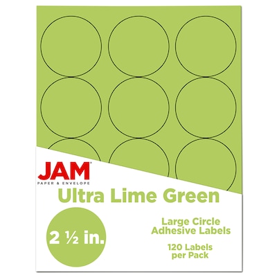 JAM Paper Round Label Sticker Seals, 2.5 Diameter, Lime Green, 12 Labels/Sheet, 10 Sheets/Pack, (14