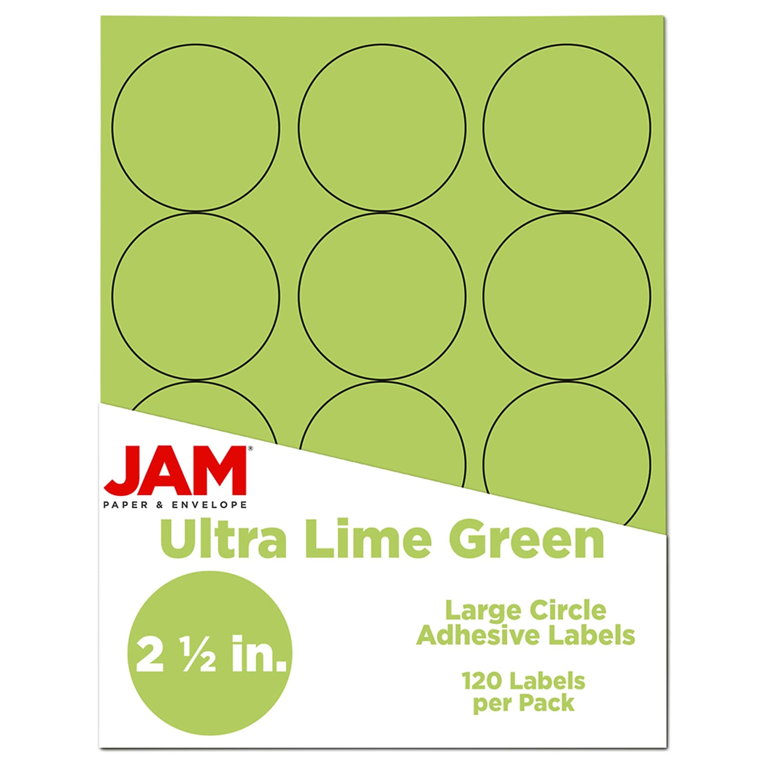 JAM Paper Round Label Sticker Seals, 2.5 Diameter, Lime Green, 12 Labels/Sheet, 10 Sheets/Pack, (147628589)