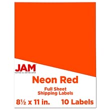 JAM Paper Shipping Labels, Full Page, 8 1/2 x 11 Sticker Paper, Neon Red, 1 Label/Sheet, 10 Labels/P