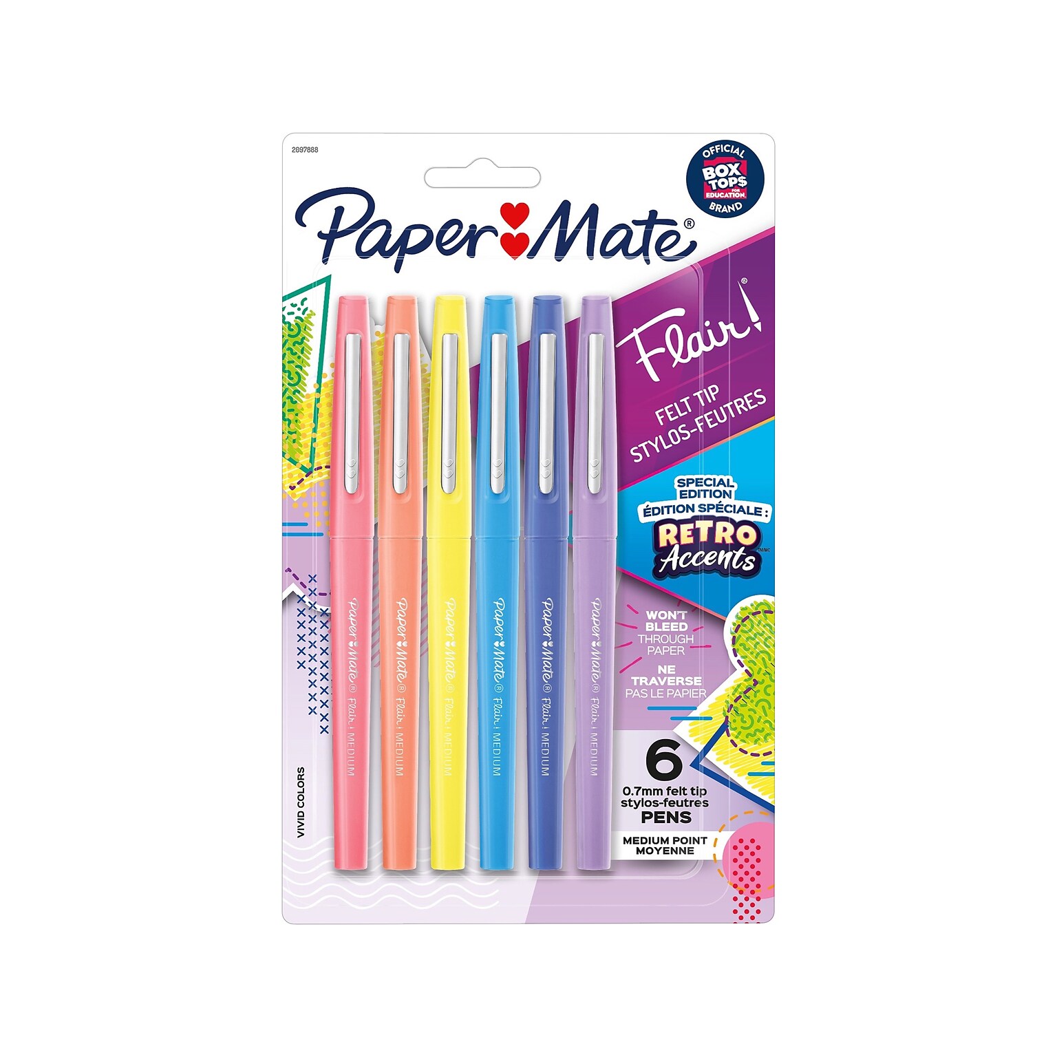 Paper Mate Retro Accents Felt Pen, Medium Point, Assorted Ink, 6/Pack (2097888)