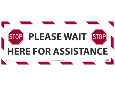 National Marker Walk-On™ Floor Decal, Please Wait Here for Assistance, 8 x 20, White/Red/Black (