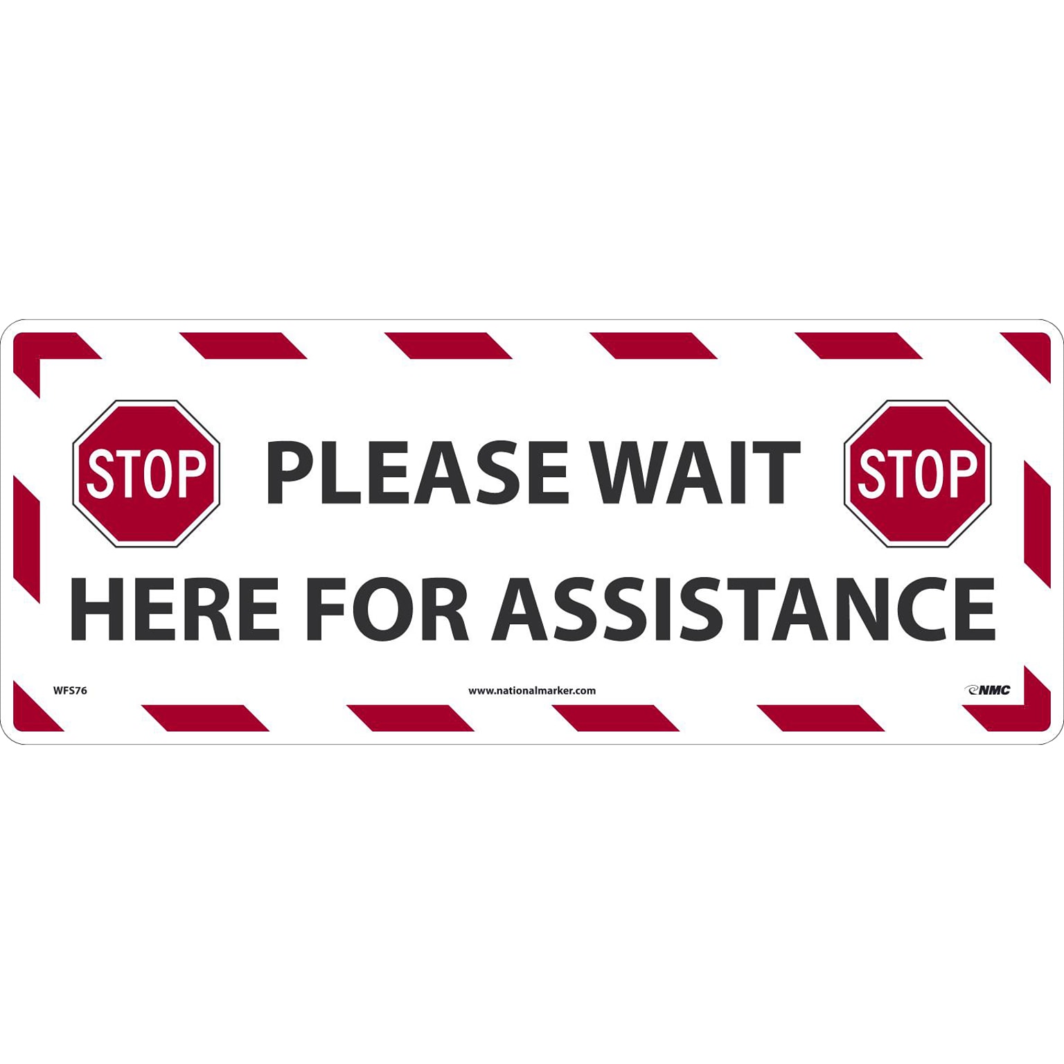 National Marker Walk-On™ Floor Decal, Please Wait Here for Assistance, 8 x 20, White/Red/Black (WFS76)