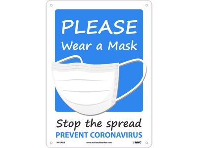 National Marker Wall Sign, "Please Wear a Mask," Plastic, 14" x 10", Blue/White (M614RB)