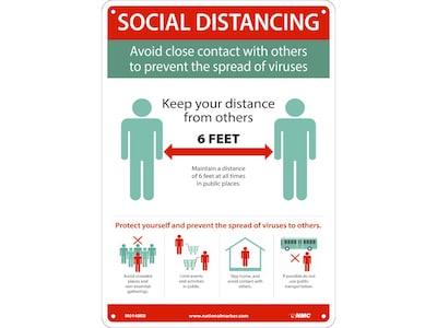 National Marker Wall Sign, Social Distancing, Plastic, 14 x 10, Green/White/Red (M0148RB)
