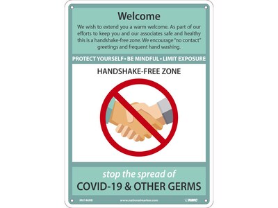 National Marker Wall Sign, Welcome. Handshake-Free Zone, Plastic, 14 x 10, Green/White (M0146RB)