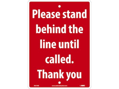 National Marker Wall Sign, Please Stand Behind the Line Until Called. Thank You, Plastic, 14 x 10, Red (M611RB)