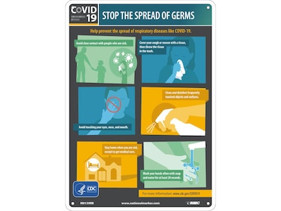 National Marker Wall Sign, COVID-19 Stop the Spread of Germs, Plastic, 14 x 10, Multicolor (M013