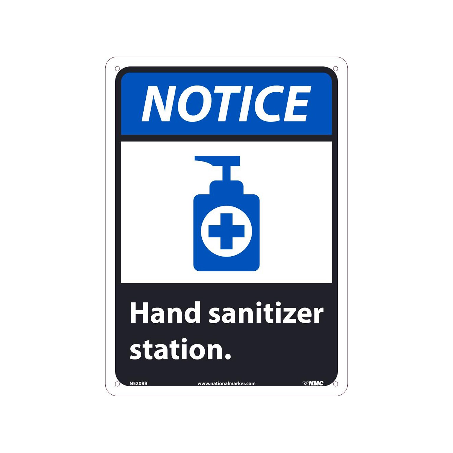 National Marker Wall Sign, Notice: Hand Sanitizer Station, Plastic, 14 x 10, Blue/White/Black (N520RB)