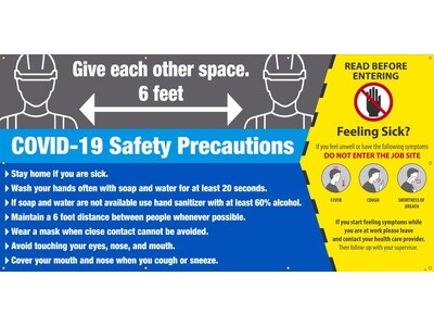 National Marker Mesh Banner, COVID-19 Safety Precautions, 5 x 10, Gray/Blue/Yellow (BT562)