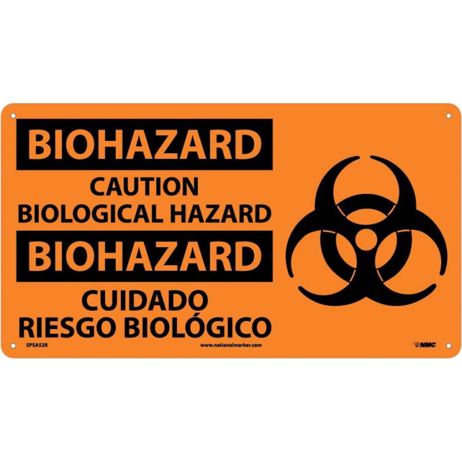 National Marker Wall Sign, Biohazard: Caution Biological Hazard, Adhesive Vinyl, 10 x 18, Orange/Black (SPSA52R)