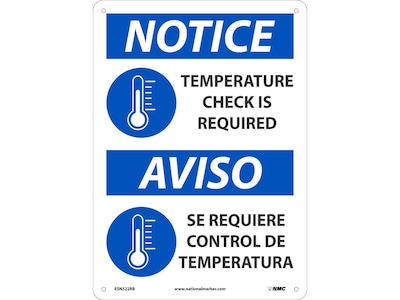 National Marker Wall Sign, Notice: Temperature Check is Required, Plastic, 14 x 10, White/Blue (ESN522RB)