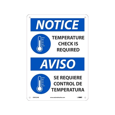 National Marker Wall Sign, Notice: Temperature Check is Required, Aluminum, 14 x 10, White/Blue (ESN522AB)
