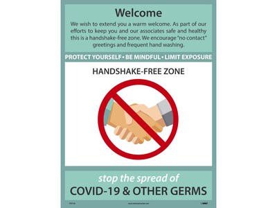 National Marker Poster, Welcome Handshake Free Zone, 24 x 18, Green/White (PST146)