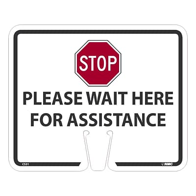 National Marker Cone Top, Please Wait Here for Assistance, 10.38 x 12.63, White (CS31)
