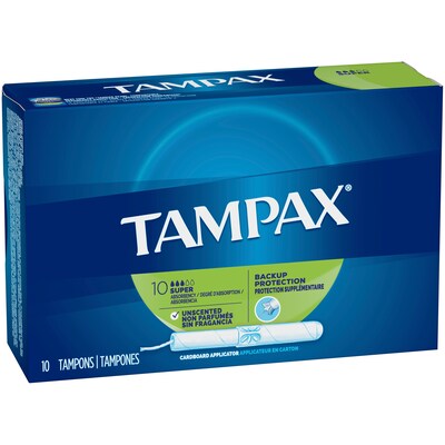 Tampax Cardboard Applicator Tampons, Super, Unscented, 10/Box (31409)