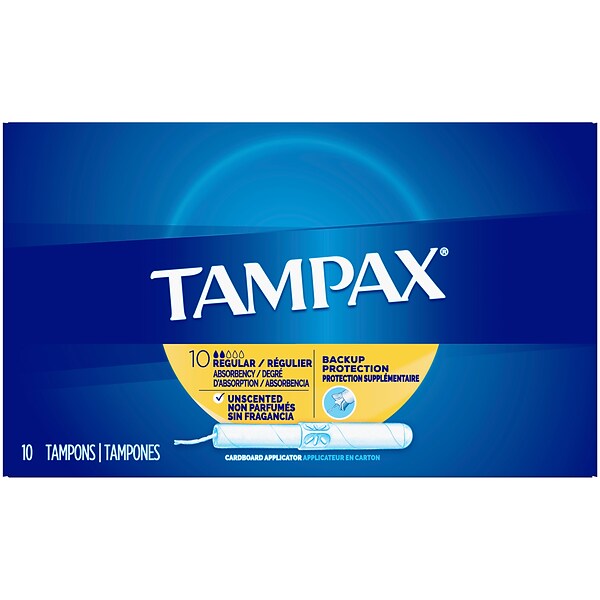 Tampax Cardboard Applicator Tampons, Regular, Unscented, 10/Box (1702131)