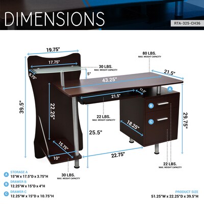 Techni Mobili 51"W Computer Desk, Brown (RTA-325-CH36)