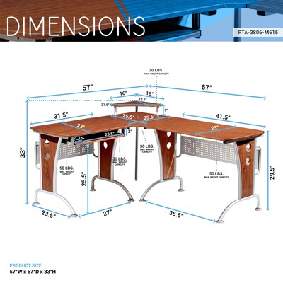 Techni Mobili Deluxe 57"W L-Shaped Desk, Mahogany (RTA-3806-M615)