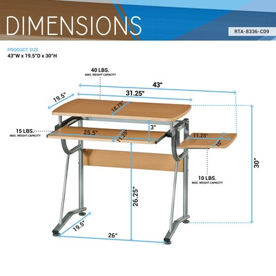 Techni Mobili 43"W Compact Computer Desk with Side Shelf and Keyboard Panel, Cherry (RTA-8336-C09)