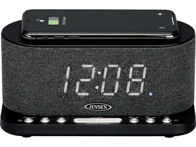 Jensen QICR-50 Dual Alarm Clock Radio with Wireless Qi Charging, Black