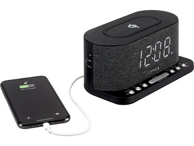 Jensen QICR-50 Dual Alarm Clock Radio with Wireless Qi Charging, Black