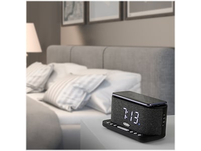 Jensen QICR-50 Dual Alarm Clock Radio with Wireless Qi Charging, Black