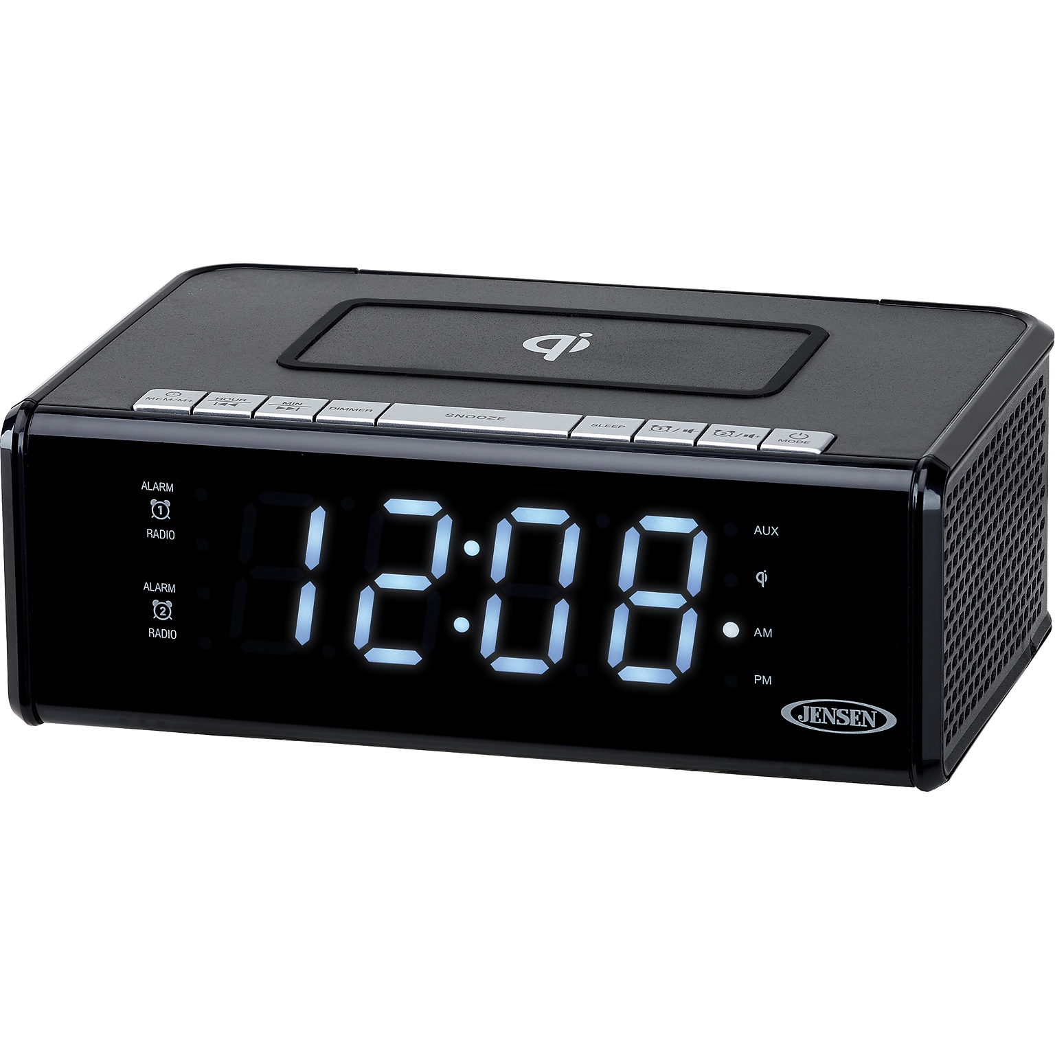 Jensen QICR-200 Dual Alarm Clock Radio with Wireless Qi Charging, Black (QICR-200)