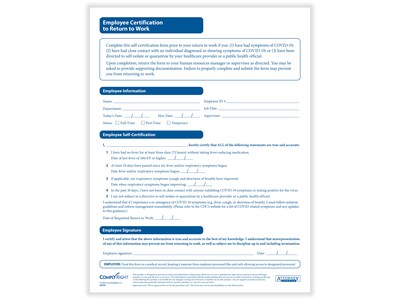 ComplyRight Employee Certification to Return to Work Medical Records Forms, 25/Pack (A0107PK25)