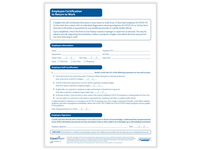 ComplyRight Employee Certification to Return to Work Medical Records Forms, 50/Pack (A0107PK50)