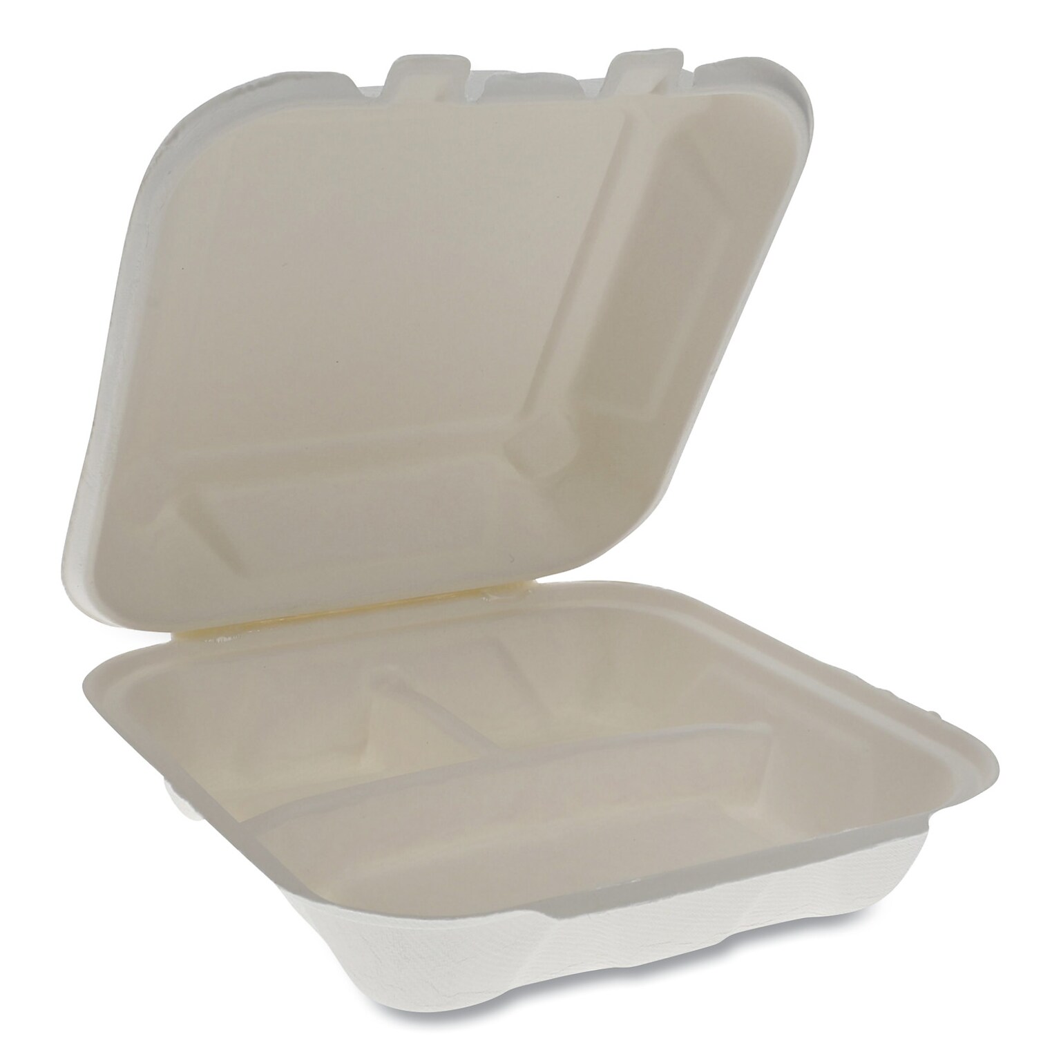 Pactiv EarthChoice Bagasse Hinged Lid Container, 7.8 x 7.8 x 2.8, 3-Compartment, Natural, 150/Carton (PCTYMCH08030001)