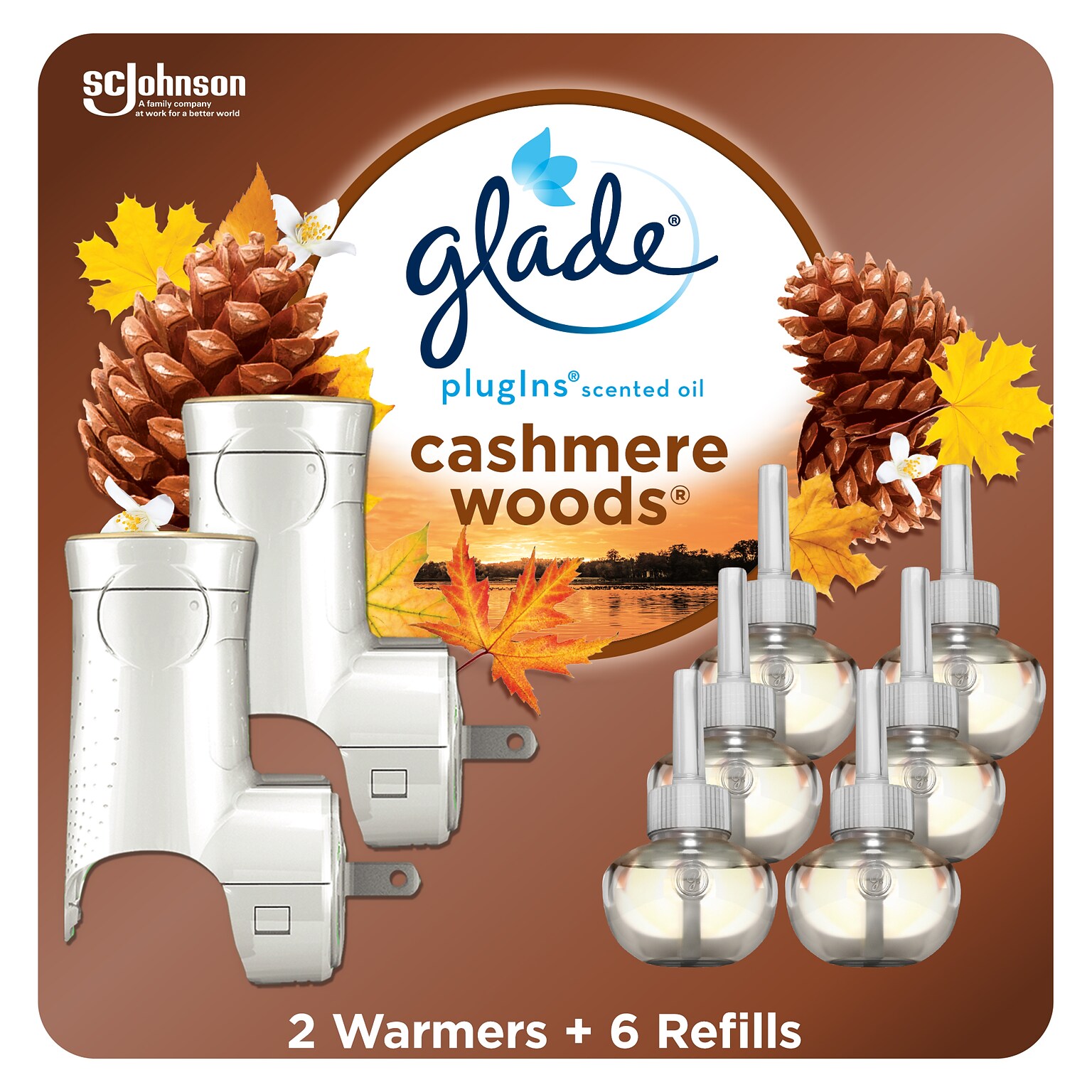 Glade PlugIns Scented Oil Warmers & Refills, Cashmere Woods Scent, 0.67 Oz., 8/Pack (328607)