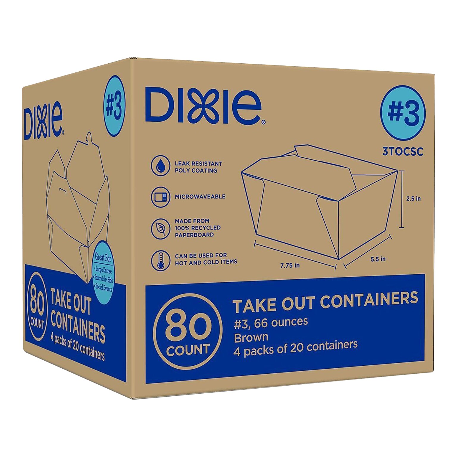 Dixie Paperboard Food Box, 2.5 x 8.5 x 6.25, Brown, 20/Pack, 4 Packs/Carton (3TOCSC)