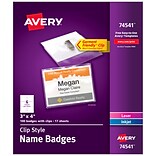 Avery Clip Style Name Badges/Holders, 3 x 4, Clear with White Inserts, 100 Labels Per Pack (74541)