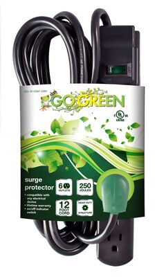 GoGreen Power 6 Outlet Surge Protector, 12 cord, Black - GG-16103M-12BK