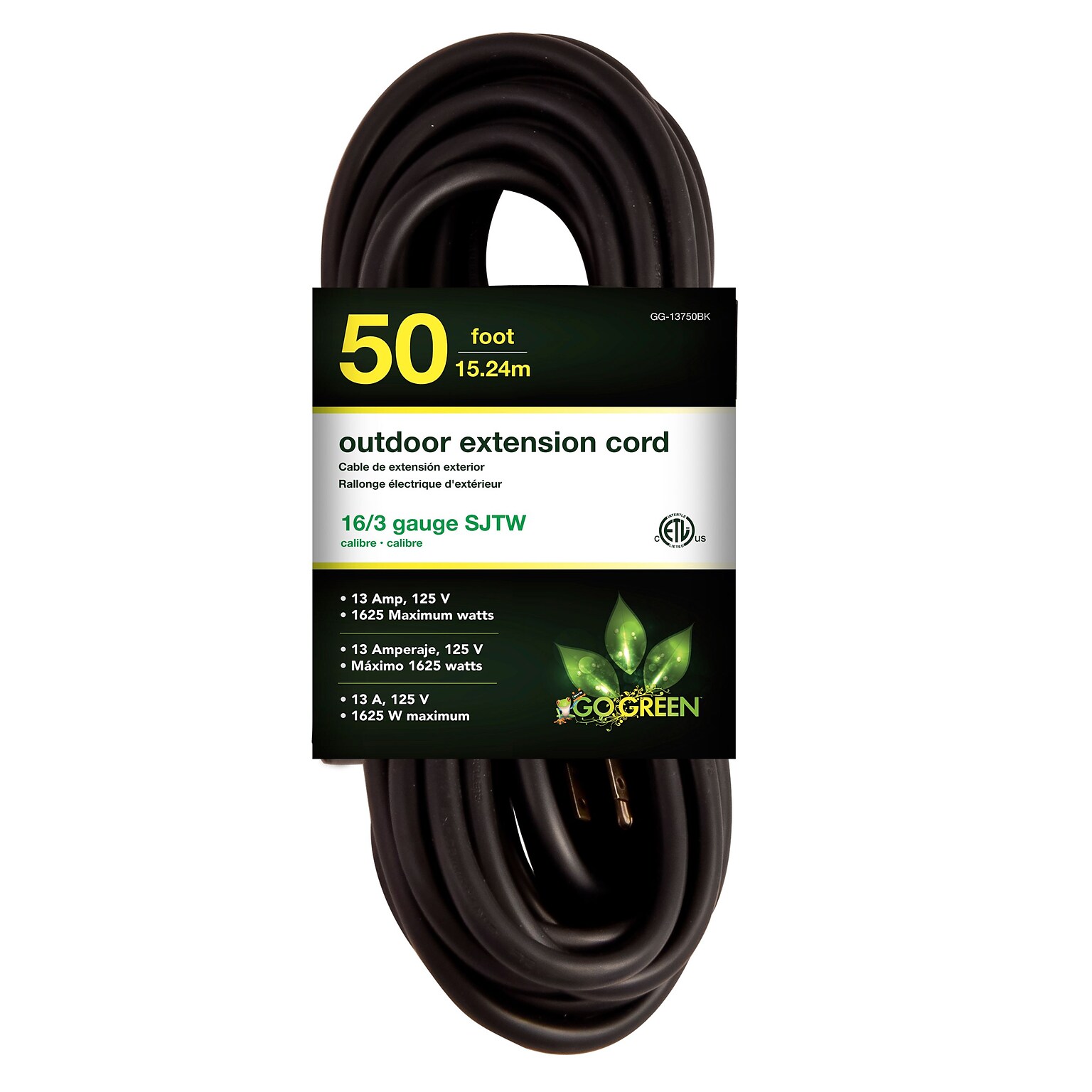 GoGreen Power 16/3 50 Heavy Duty Extension Cord, Black, GG-13750BK