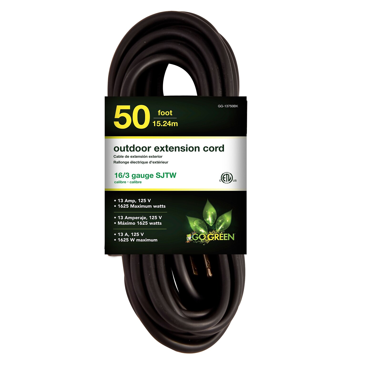 GoGreen Power 50 Indoor/Outdoor Extension Cord, 16 AWG, Black (GG-13750BK)